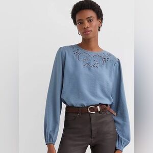 NWT Loft | Floral Embroidered Dove Blue Long Sleeve Top | Size L